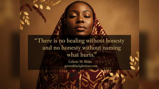 Black woman in a peaceful healing pose with a quote about honesty, created for a PDF self-care journal for Black women by Celeste M. Blake