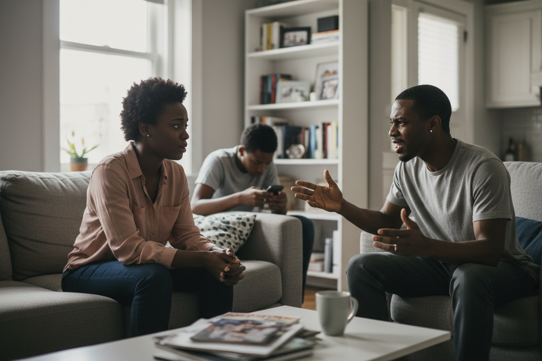 Black woman overwhelmed by family demands as partner argues, child pulls her leg, and teenage son ignores her on phone representing the mental load Black women carry daily