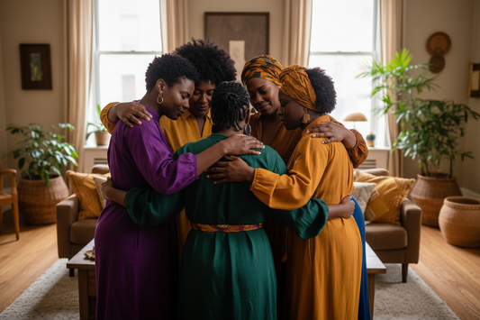 Black women over 40 sitting together in candlelit room with journals, sharing emotional support Strong Black Woman recovery community