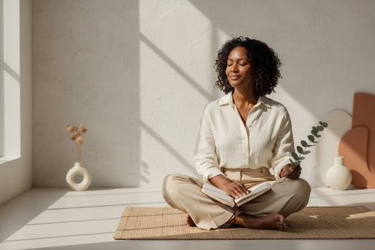 Black woman sitting cross-legged on a woven mat in soft morning light, holding an open journal and eucalyptus branch in a calm minimalist space, reflecting a peaceful self-care and emotional healing routine.