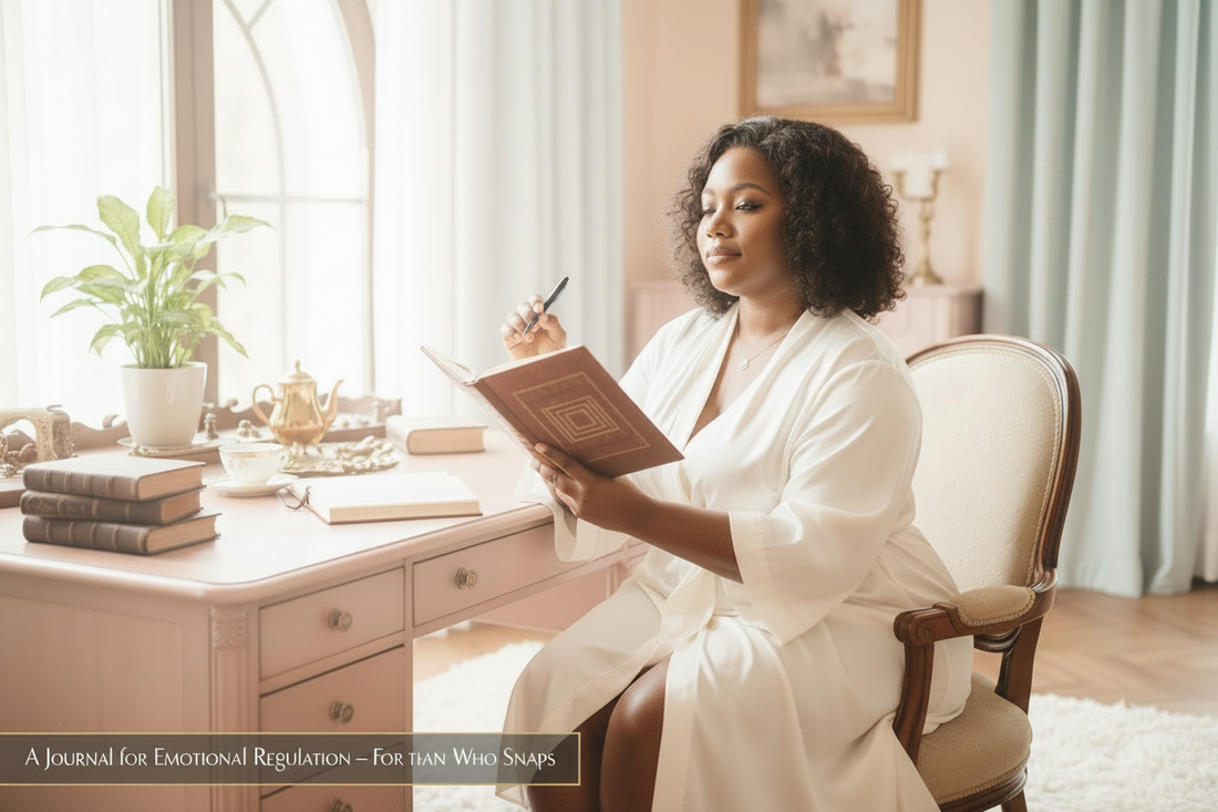 Black woman over 40 pausing thoughtfully while journaling at an elegant desk, representing emotional regulation for the woman who snaps.