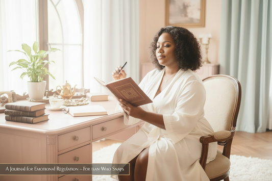 Black woman over 40 pausing thoughtfully while journaling at an elegant desk, representing emotional regulation for the woman who snaps.