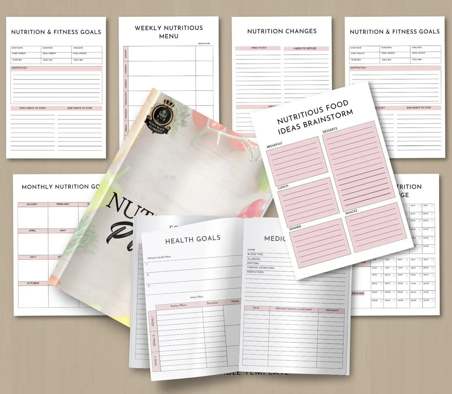 Nutrition Planner: Meal Prep, Food Journal, Calorie Tracker (PDF & Canva Template) Grown Black Glorious