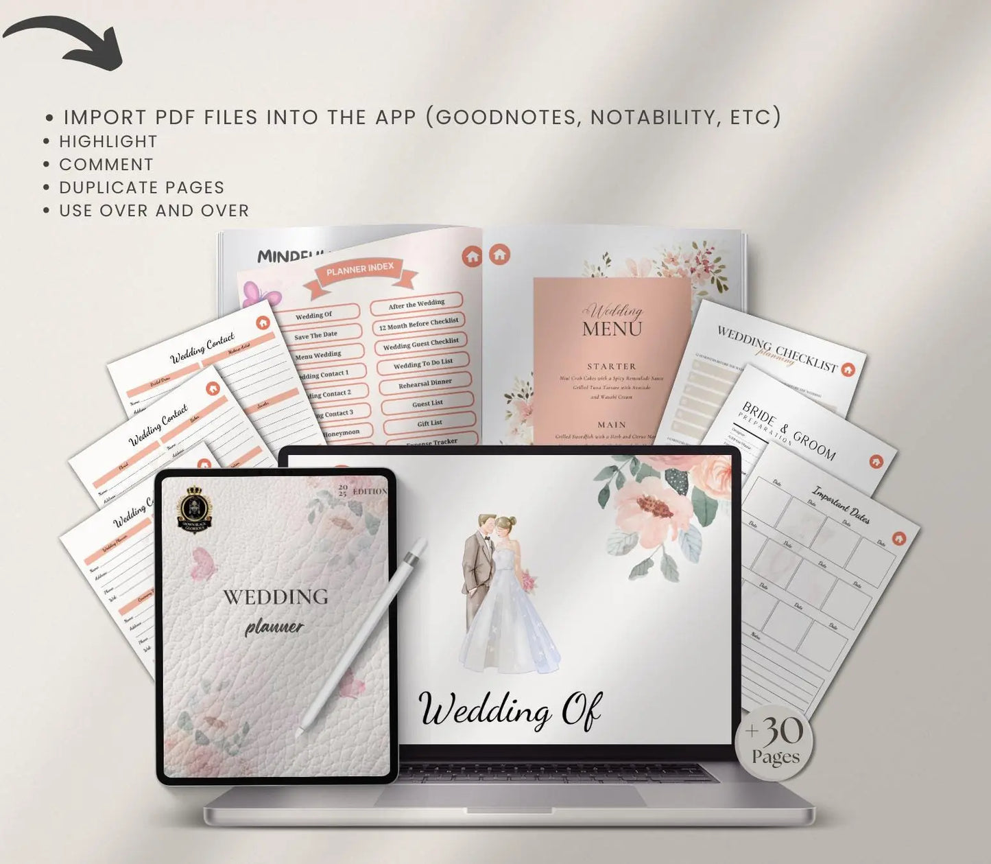 Digital Wedding Planner for iPad & GoodNotes: Bridal Organizer PDF Grown Black Glorious