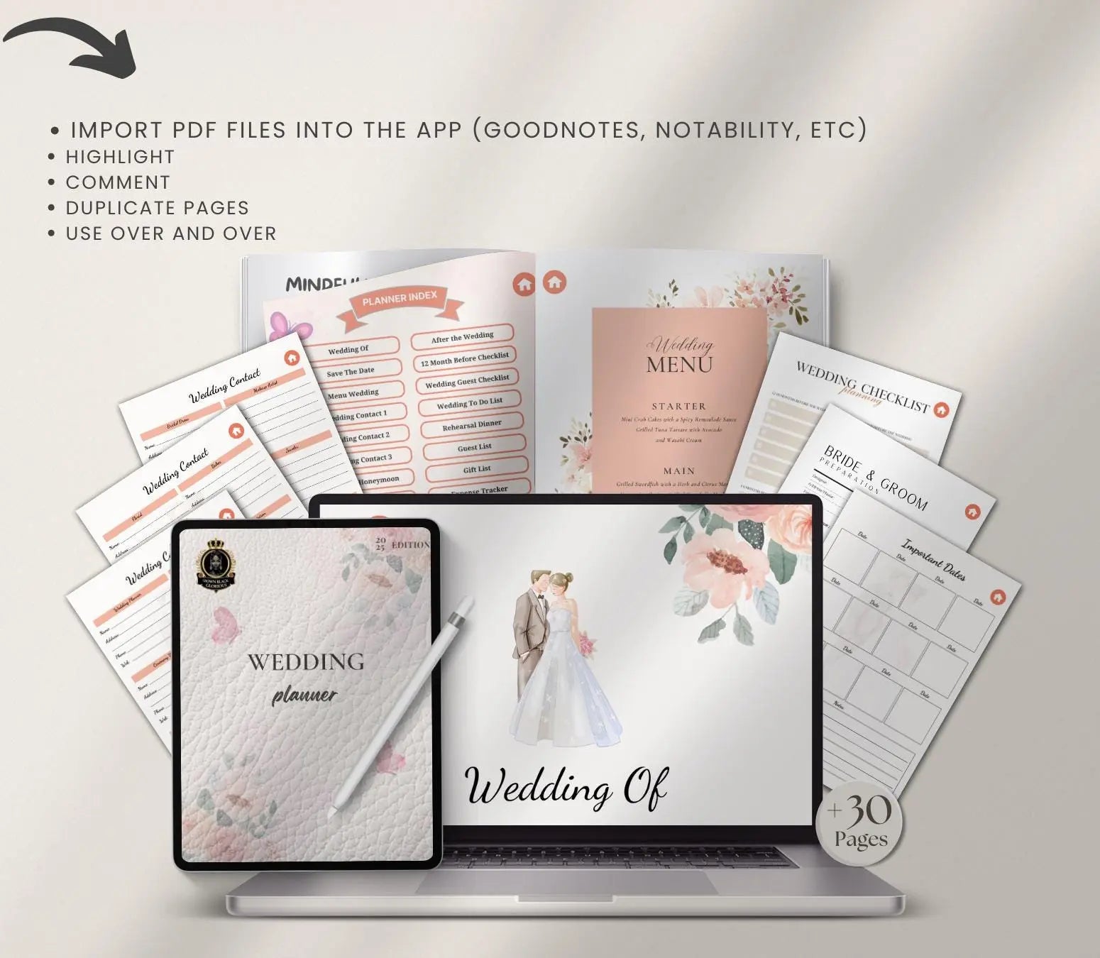 Digital Wedding Planner for iPad & GoodNotes: Bridal Organizer PDF Grown Black Glorious