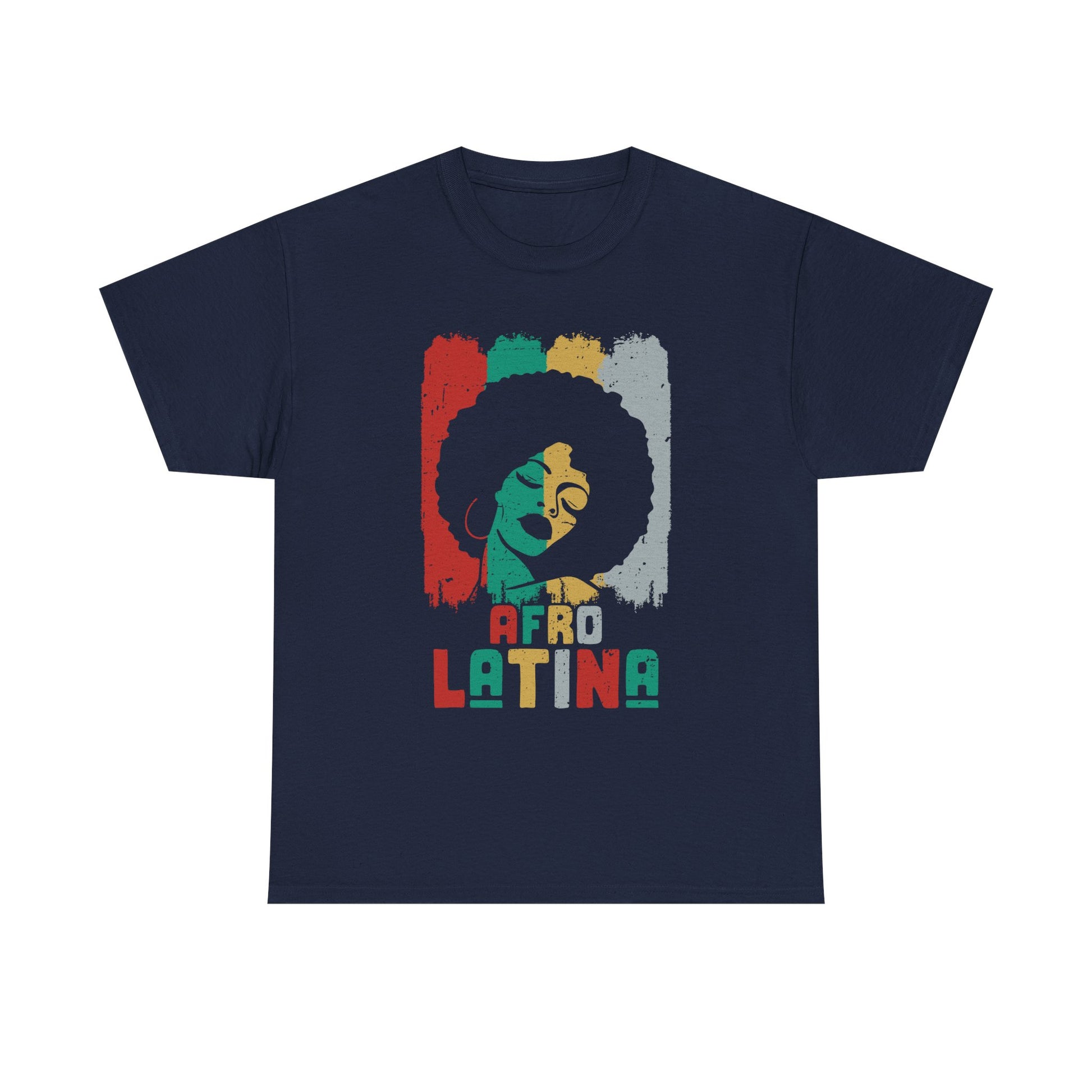 Afro Latina navy cotton t-shirt with vintage red green gold graphic and natural hair silhouette design