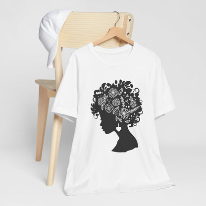Black Woman Floral Silhouette T-Shirt – Lightweight Cotton Afrocentric Graphic Tee