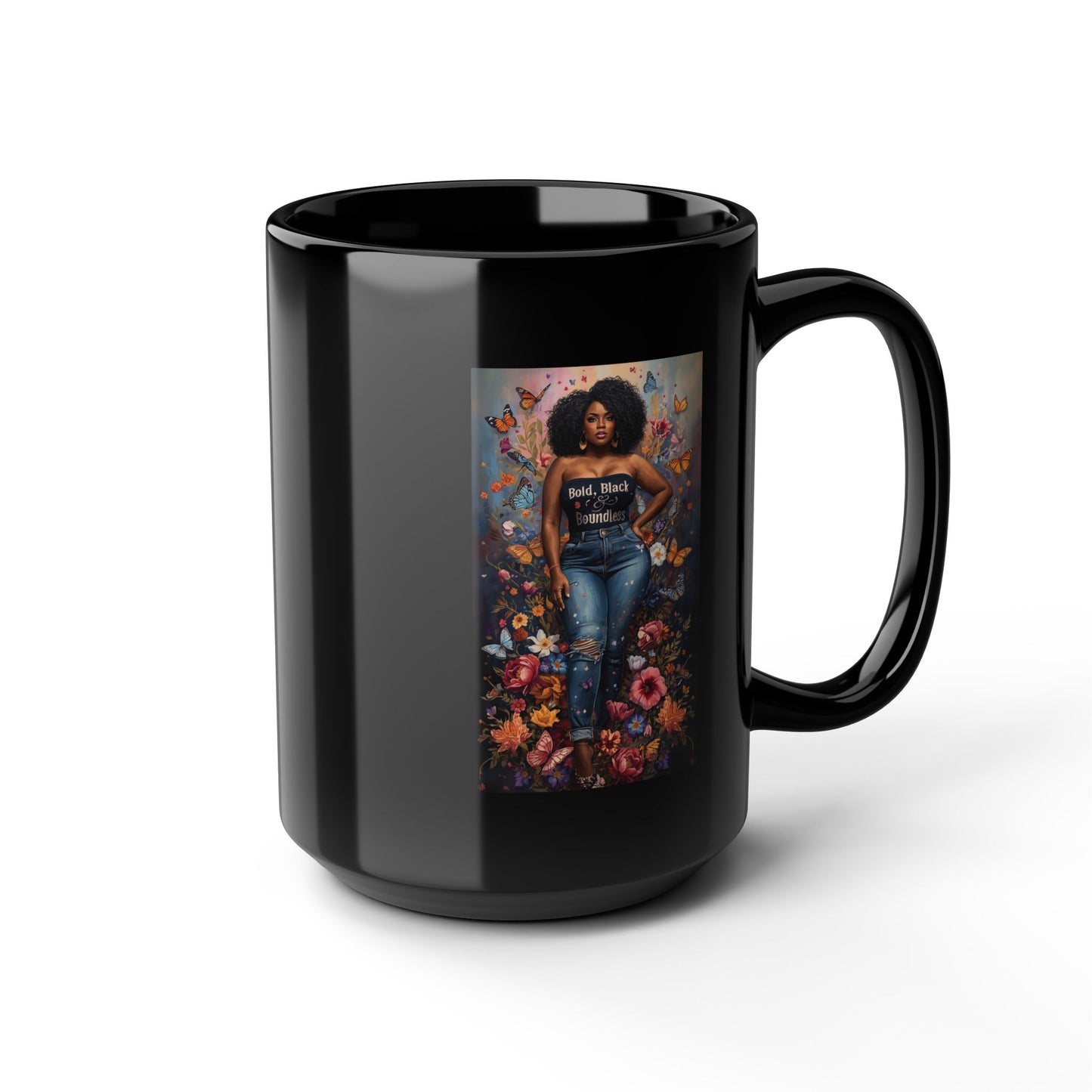 Black 15oz Ceramic Mug – Bold Black Woman Floral Art Coffee Cup
