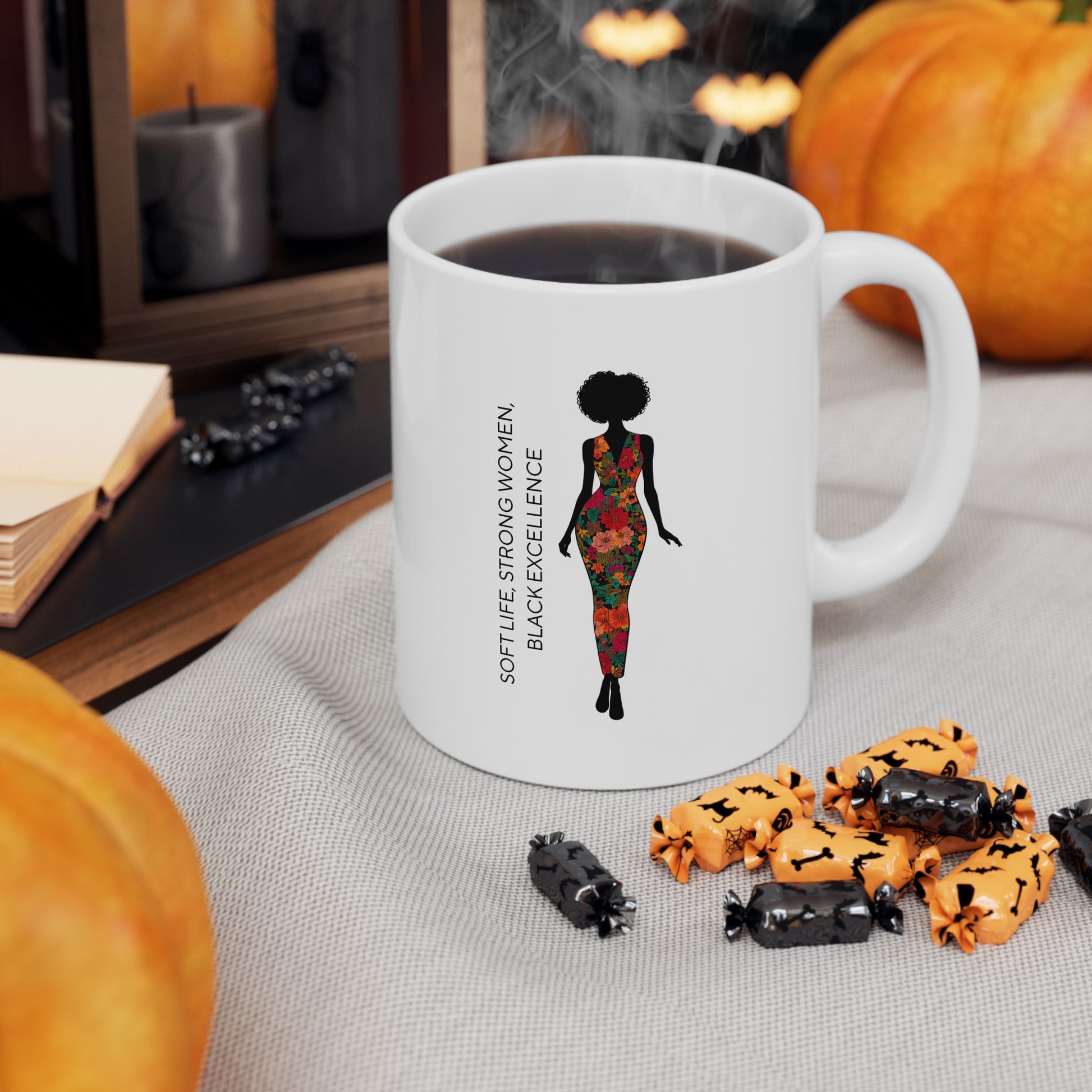 Black woman silhouette floral design mug with the phrase “Soft Life Strong Women Black Excellence” on a glossy white ceramic coffee cup.
