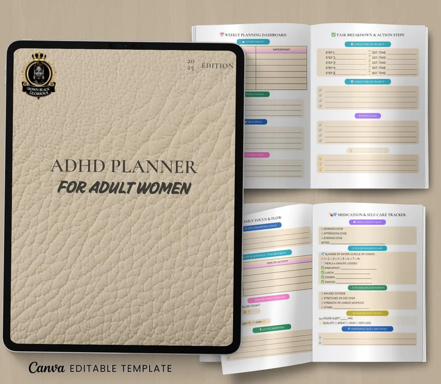 ADHD focus and productivity planner with time-blocking and distraction tracker pages