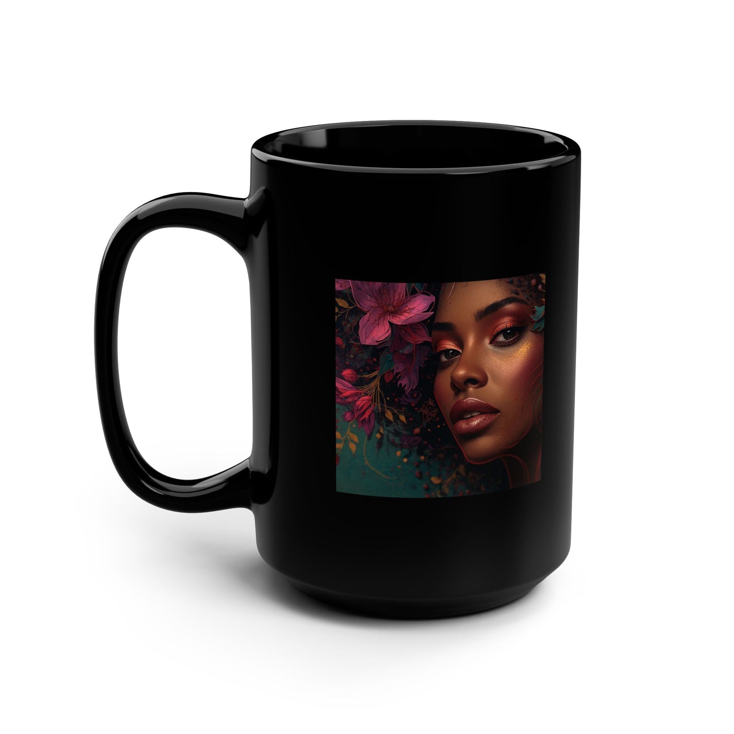 15oz Black Mug - Floral Portrait Art Coffee Cup