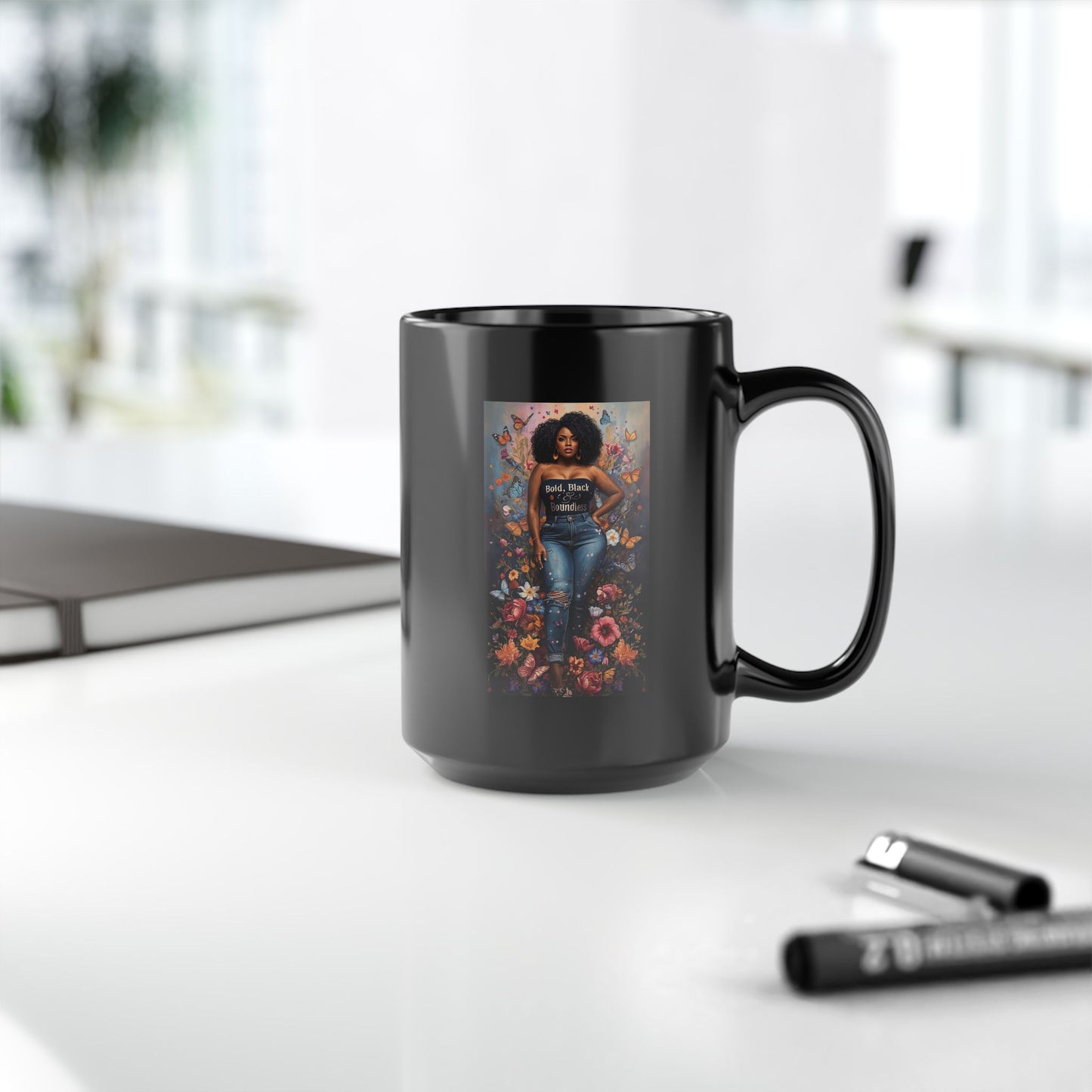 Black 15oz Ceramic Mug – Bold Black Woman Floral Art Coffee Cup
