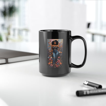 Black 15oz Ceramic Mug – Bold Black Woman Floral Art Coffee Cup