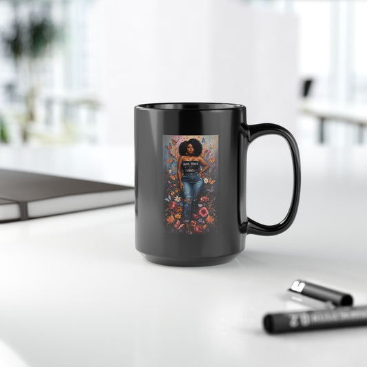 Black 15oz Ceramic Mug – Bold Black Woman Floral Art Coffee Cup