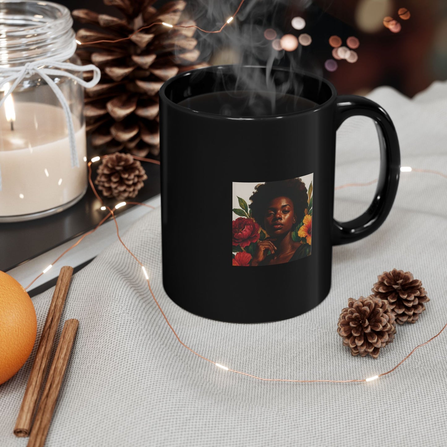 Glossy Black Floral Portrait Mug – Ceramic Coffee Cup (11oz & 15oz)