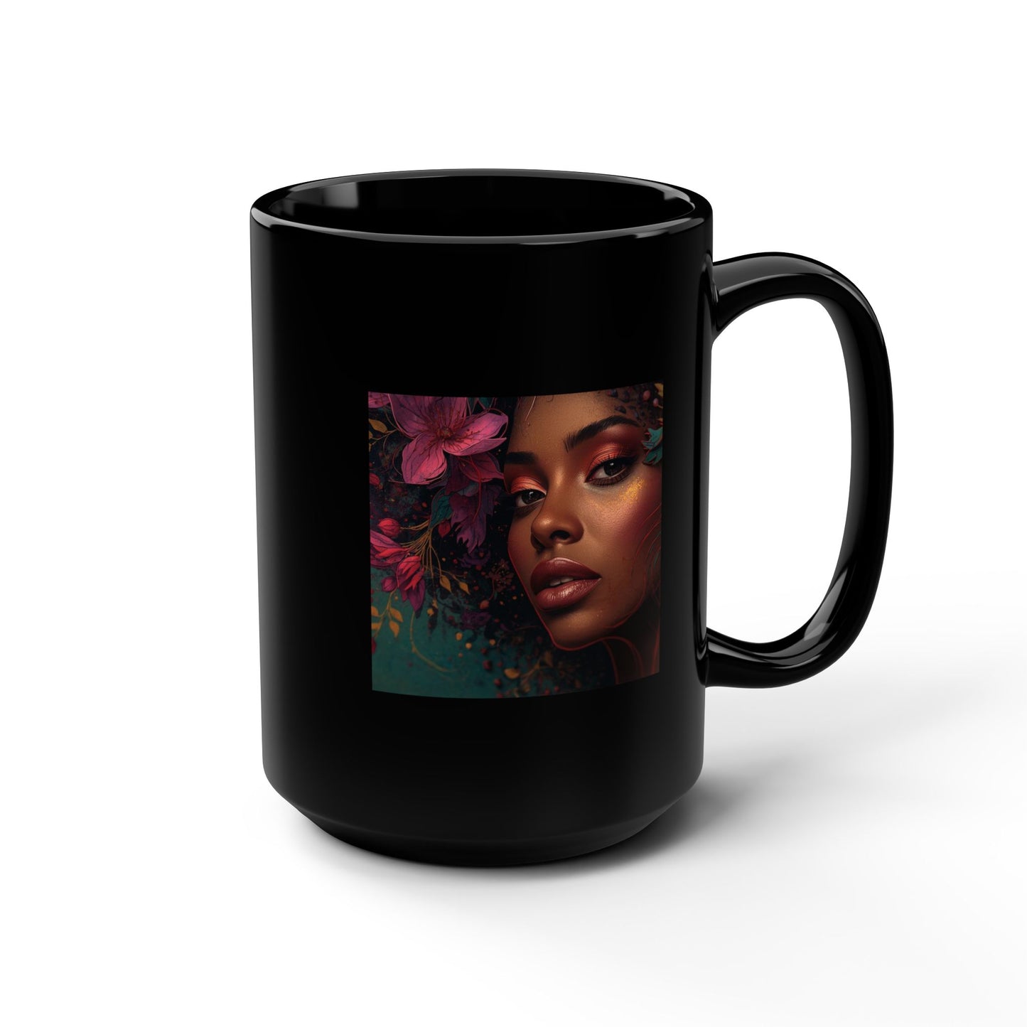 15oz Black Mug - Floral Portrait Art Coffee Cup