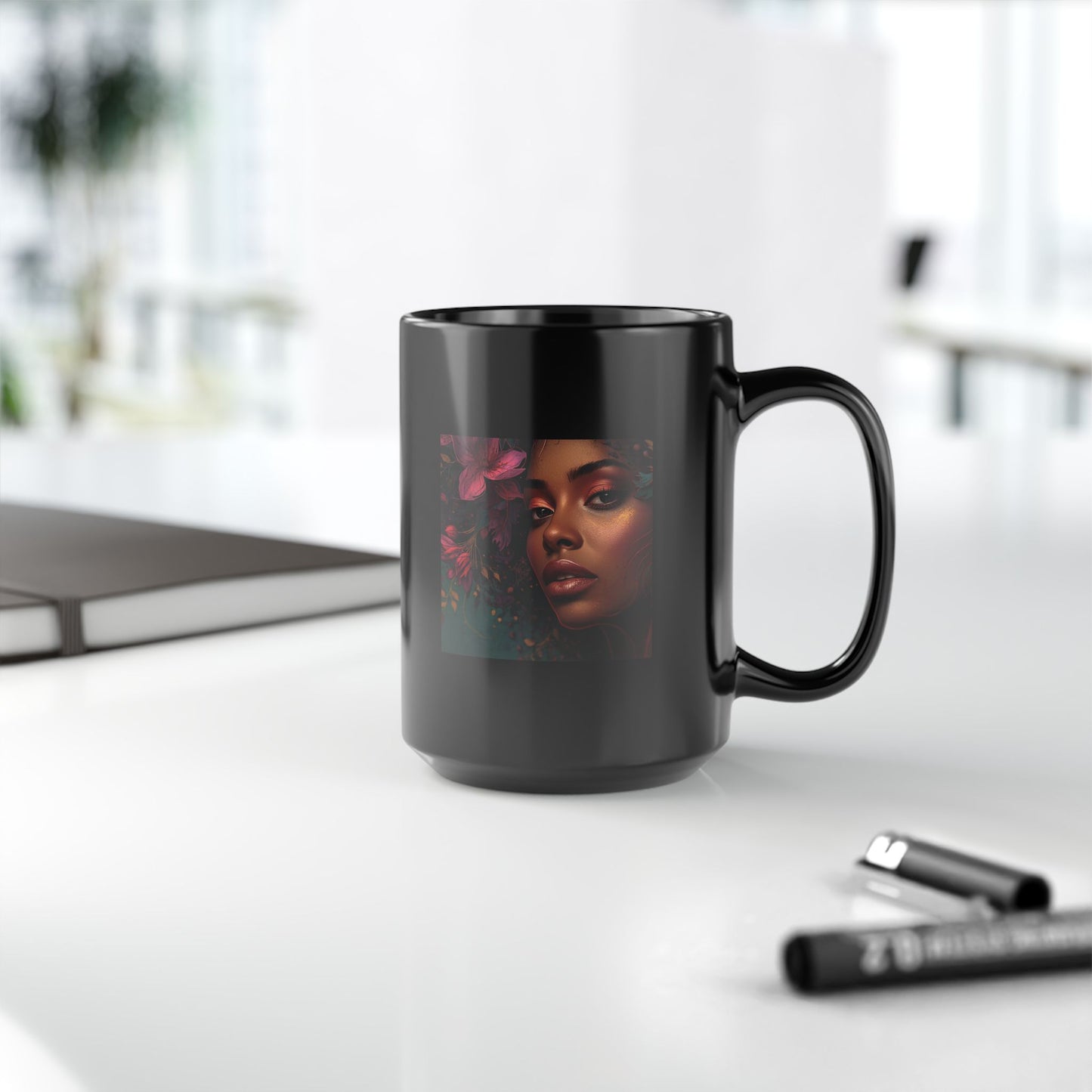15oz Black Mug - Floral Portrait Art Coffee Cup