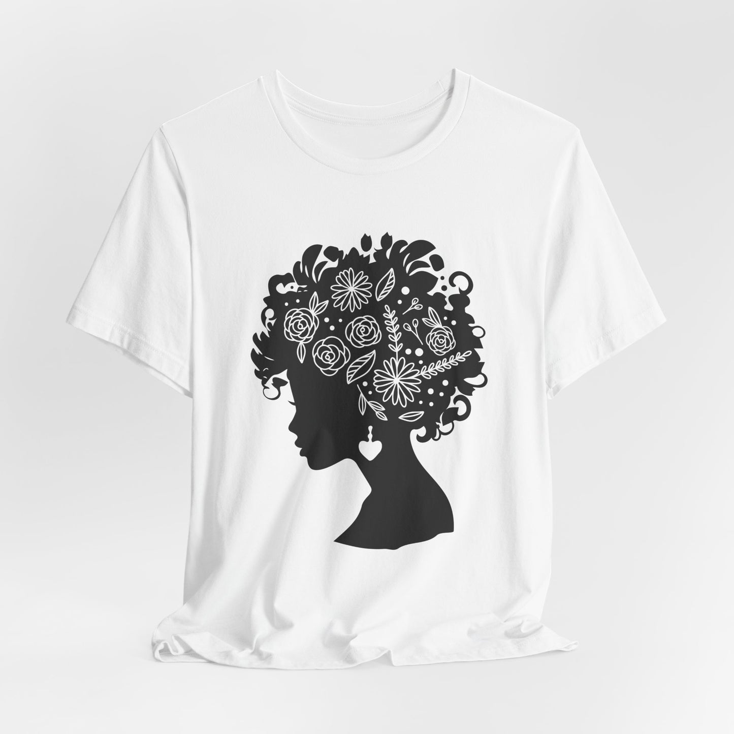 Black Woman Floral Silhouette T-Shirt – Lightweight Cotton Afrocentric Graphic Tee