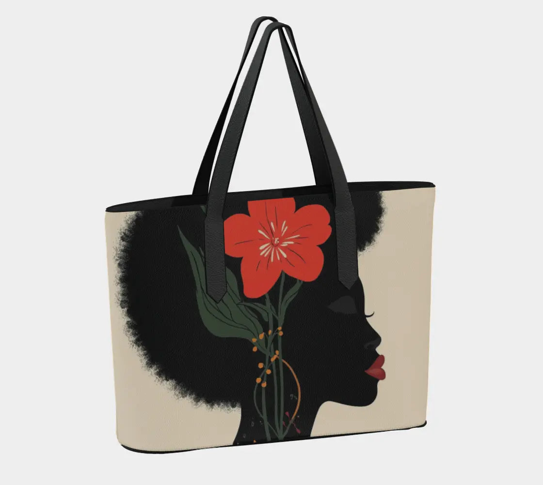Black Woman Vegan Leather Tote Bag – Afrocentric Art Purse with Red Flower Design | Luxury African Fashion Bag Made in Canada Grown Black Glorious
