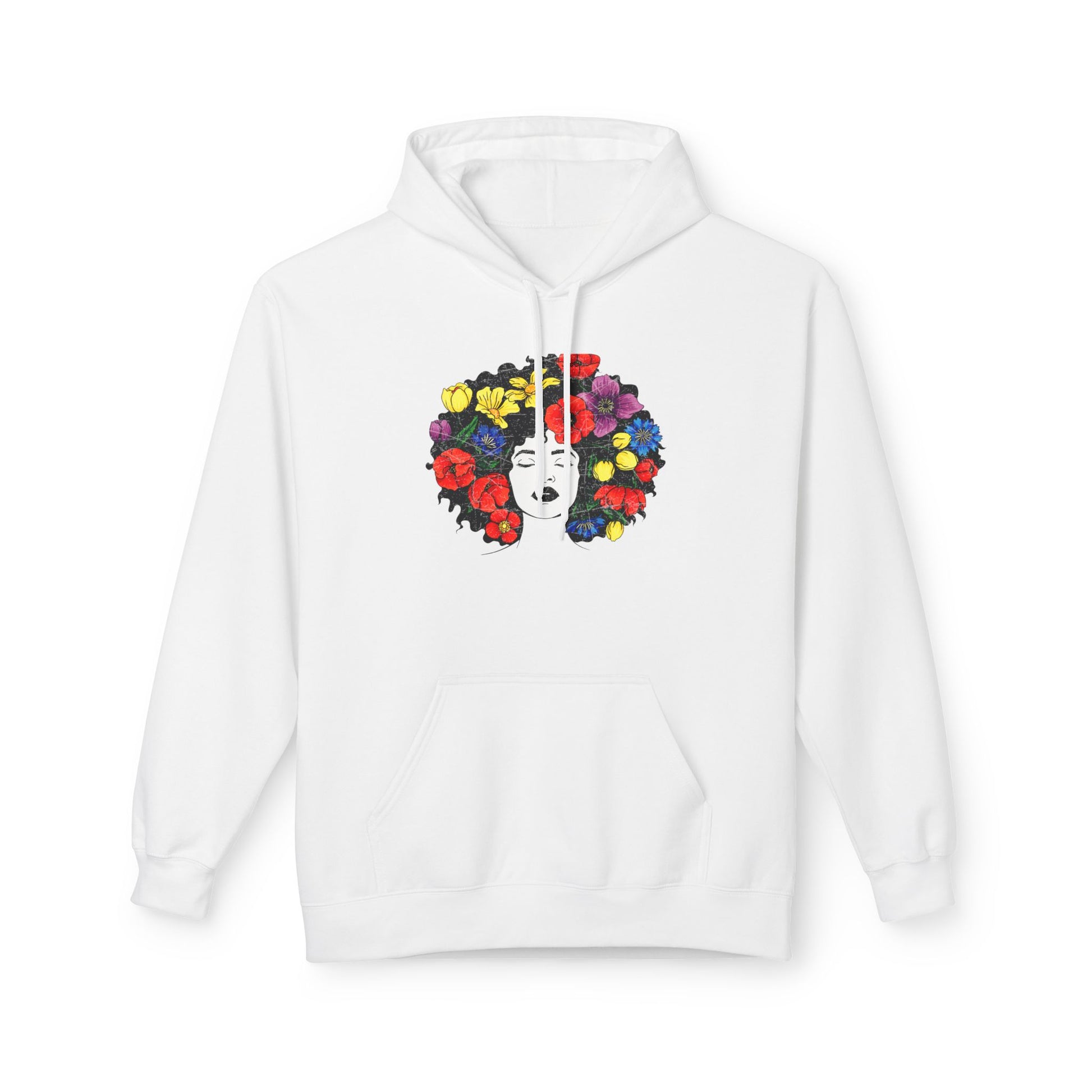 Black woman floral afro hoodie in white with colorful bloom hair design and classic pullover fit