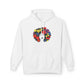 Black woman floral afro hoodie in white with colorful bloom hair design and classic pullover fit