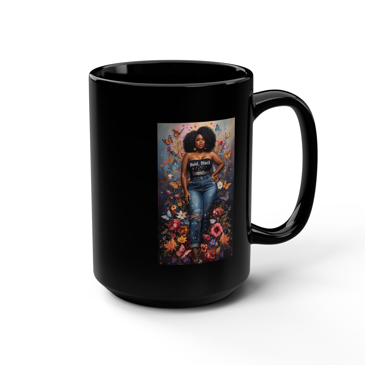 Black 15oz Ceramic Mug – Bold Black Woman Floral Art Coffee Cup