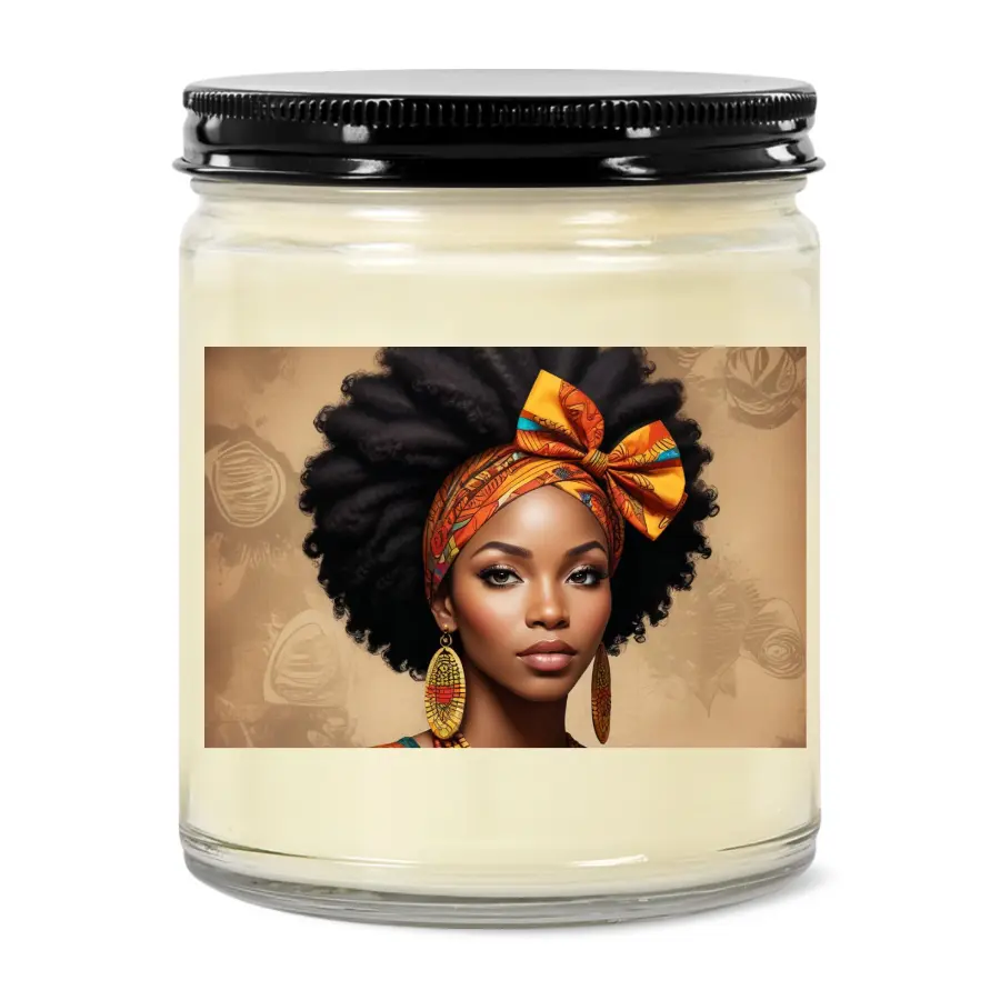 Candle with a design of a woman with an afro and colorful headscarf on the label. For Black Women Self-Care and Emotional Wellness