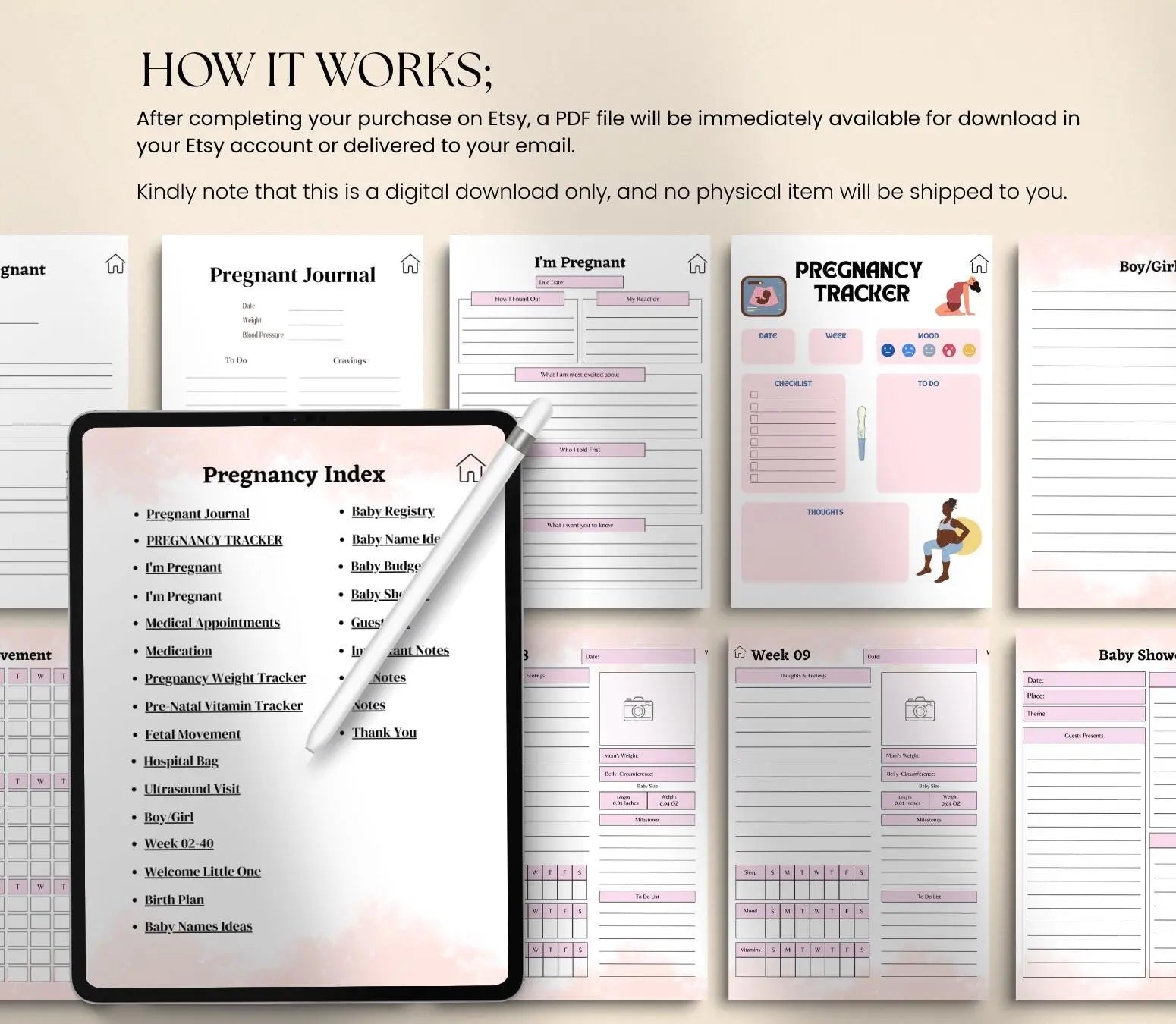 Digital Pregnancy Journal & Tracker: Weekly Symptom Log, Printable PDF Grown Black Glorious