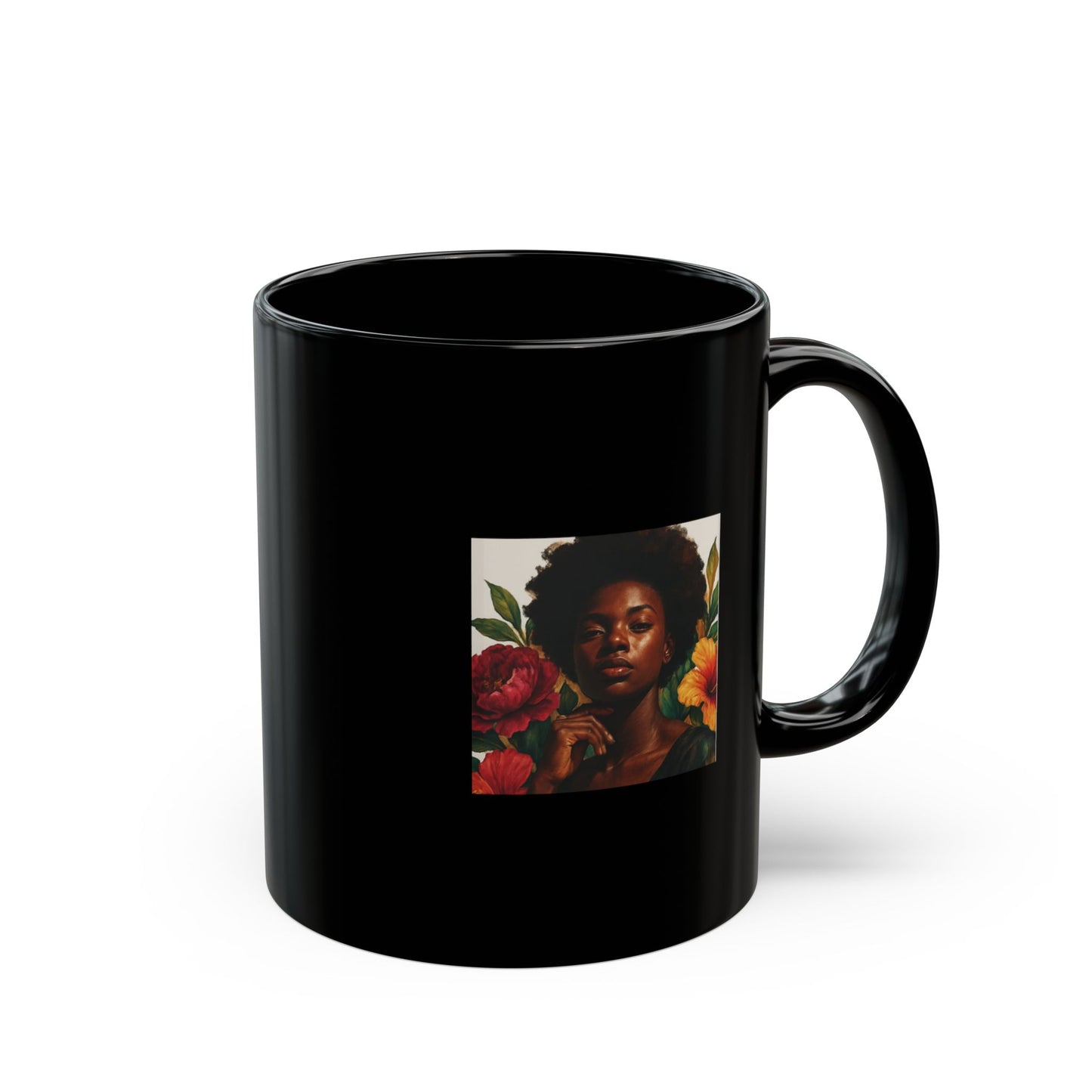 Glossy Black Floral Portrait Mug – Ceramic Coffee Cup (11oz & 15oz)