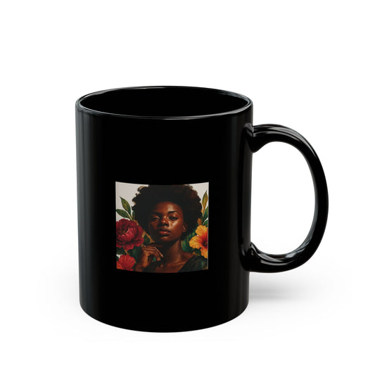 Glossy Black Floral Portrait Mug – Ceramic Coffee Cup (11oz & 15oz)