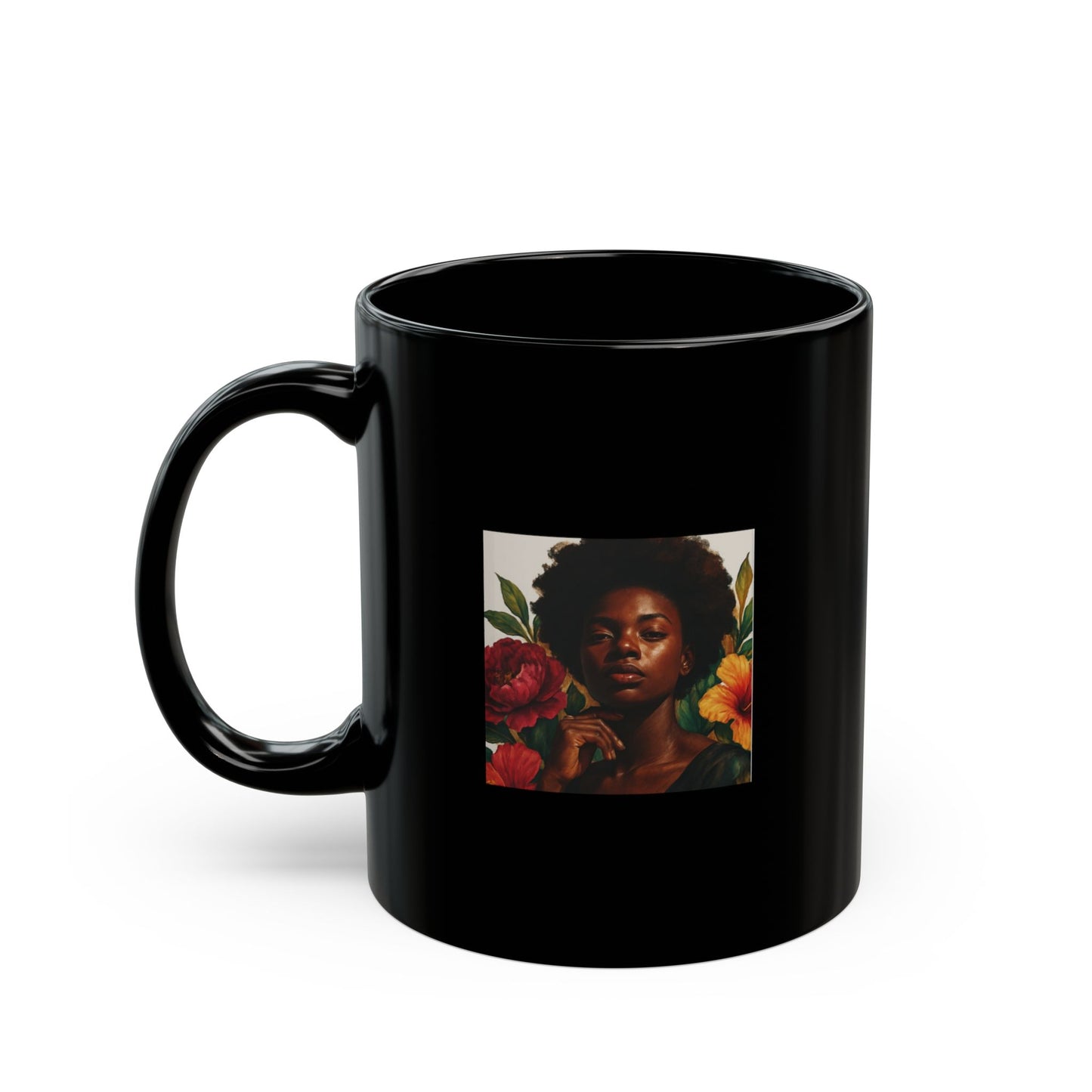 Glossy Black Floral Portrait Mug – Ceramic Coffee Cup (11oz & 15oz)