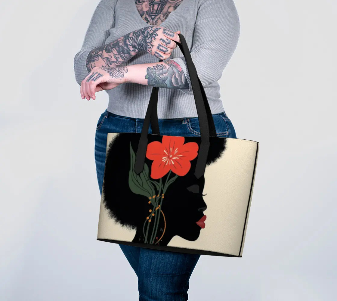 Black Woman Vegan Leather Tote Bag – Afrocentric Art Purse with Red Flower Design | Luxury African Fashion Bag Made in Canada Grown Black Glorious