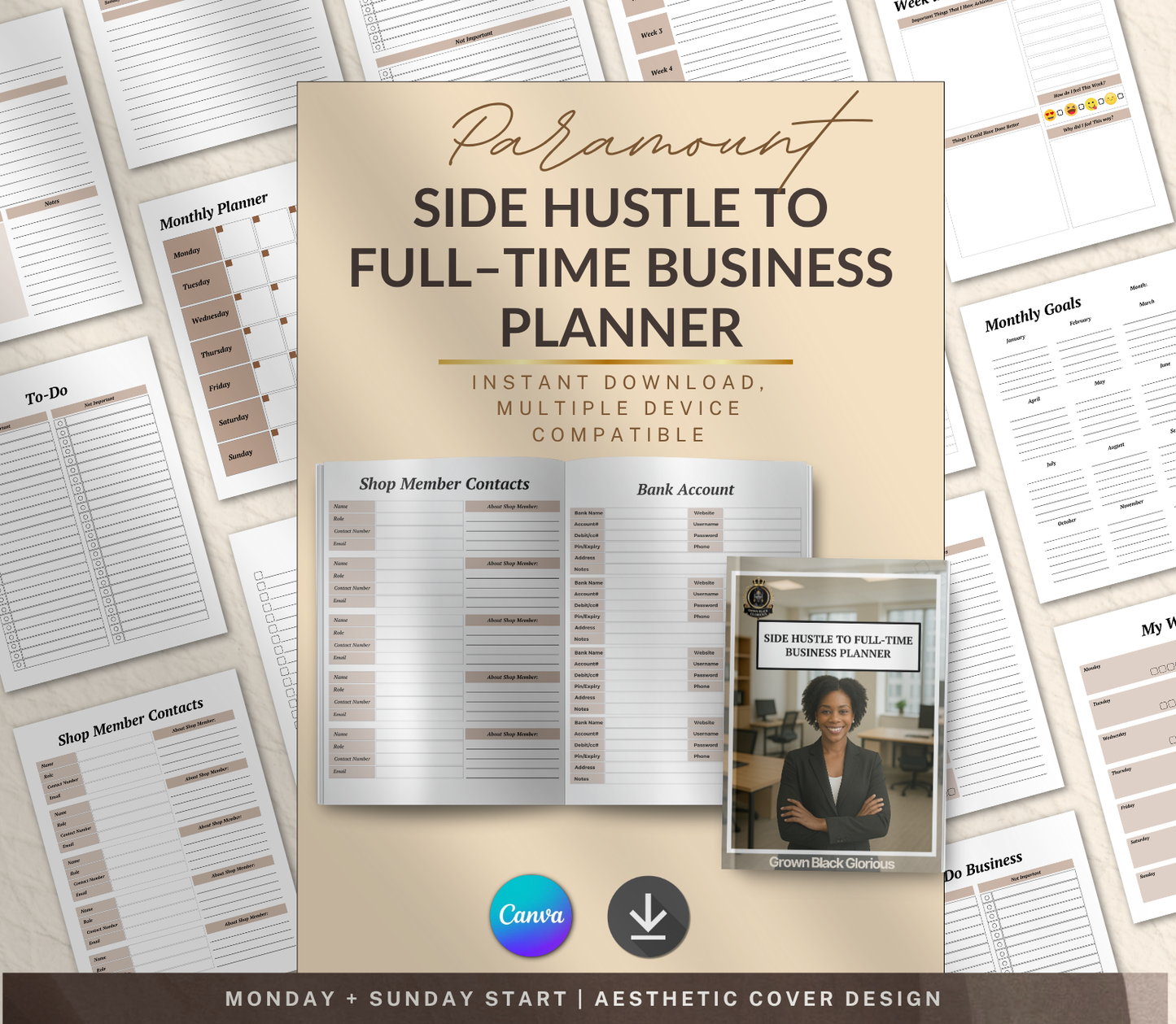 Side Hustle to Full-Time Business Planner | Editable Canva Entrepreneur Digital Planner - Grown Black Glorious