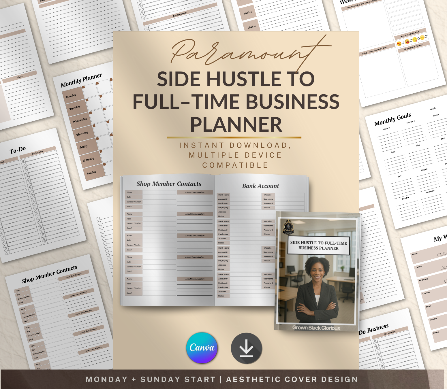 Side Hustle to Full-Time Business Planner | Editable Canva Entrepreneur Digital Planner - Grown Black Glorious