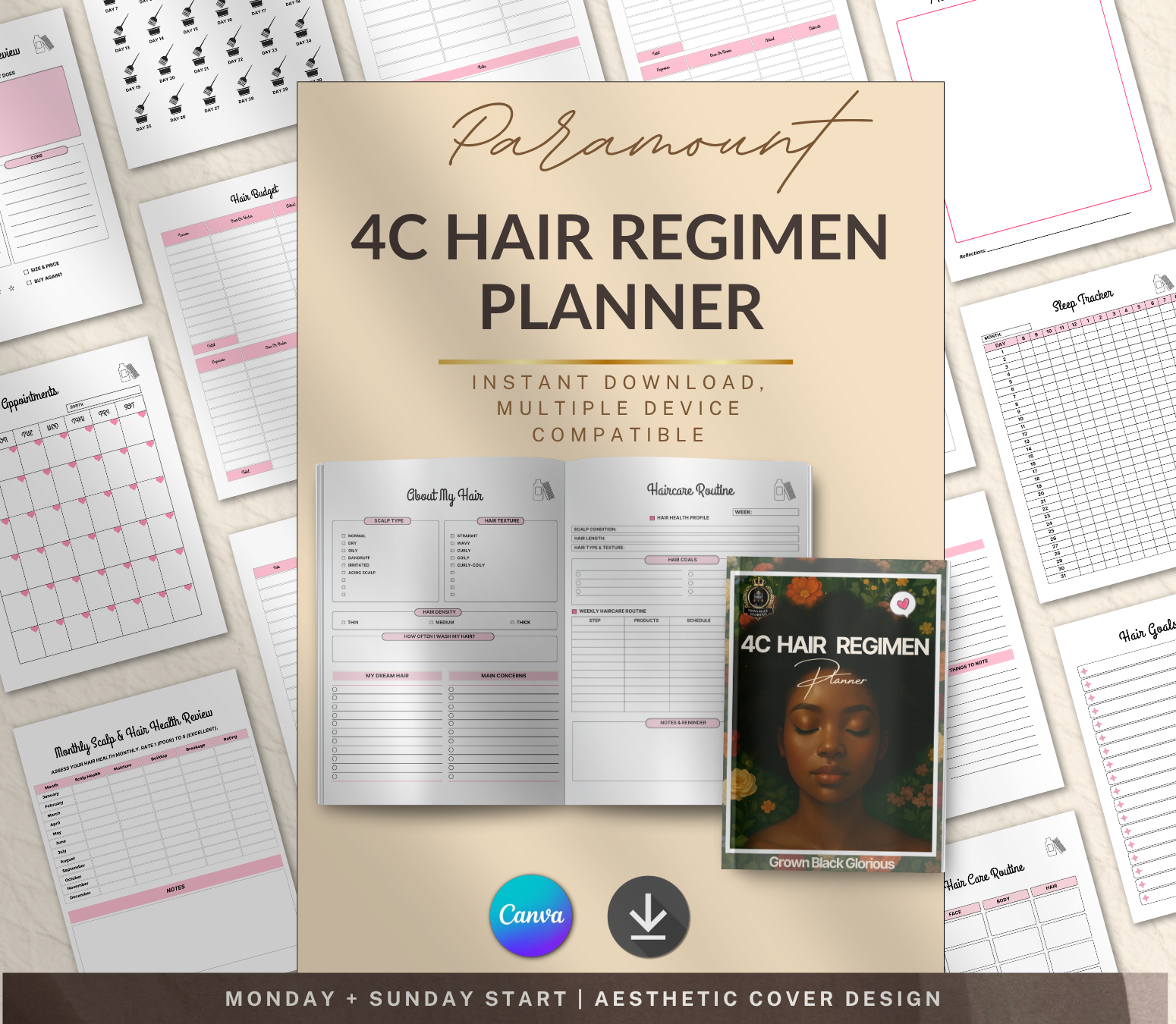 Digital natural hair journal shown on iPad tablet, fully editable in Canva for customizing your Type 4 hair care schedule.