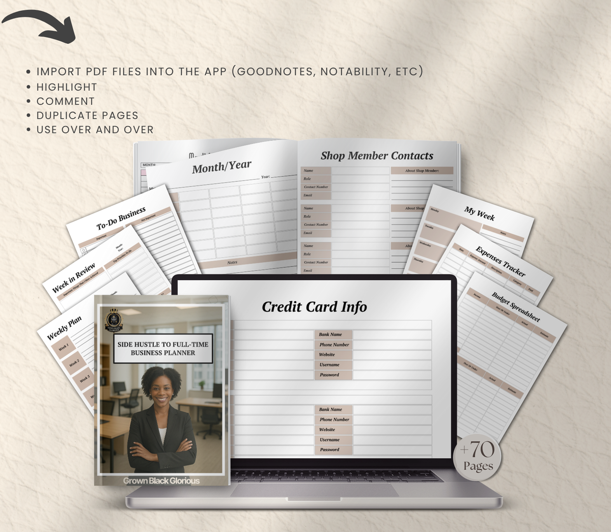 Side Hustle to Full-Time Business Planner | Editable Canva Entrepreneur Digital Planner - Grown Black Glorious