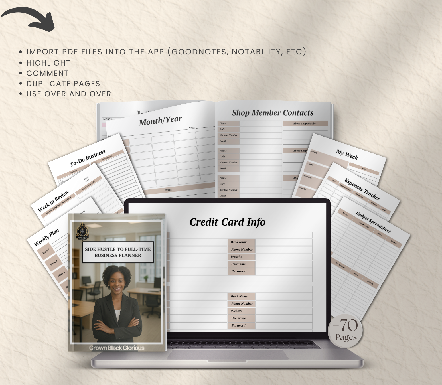 Side Hustle to Full-Time Business Planner | Editable Canva Entrepreneur Digital Planner - Grown Black Glorious