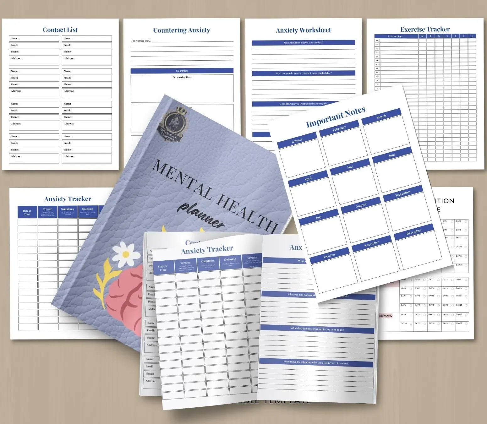 Mental Health Planner: Self-Care Journal & Mood Tracker (Printable Digital Journal) Grown Black Glorious