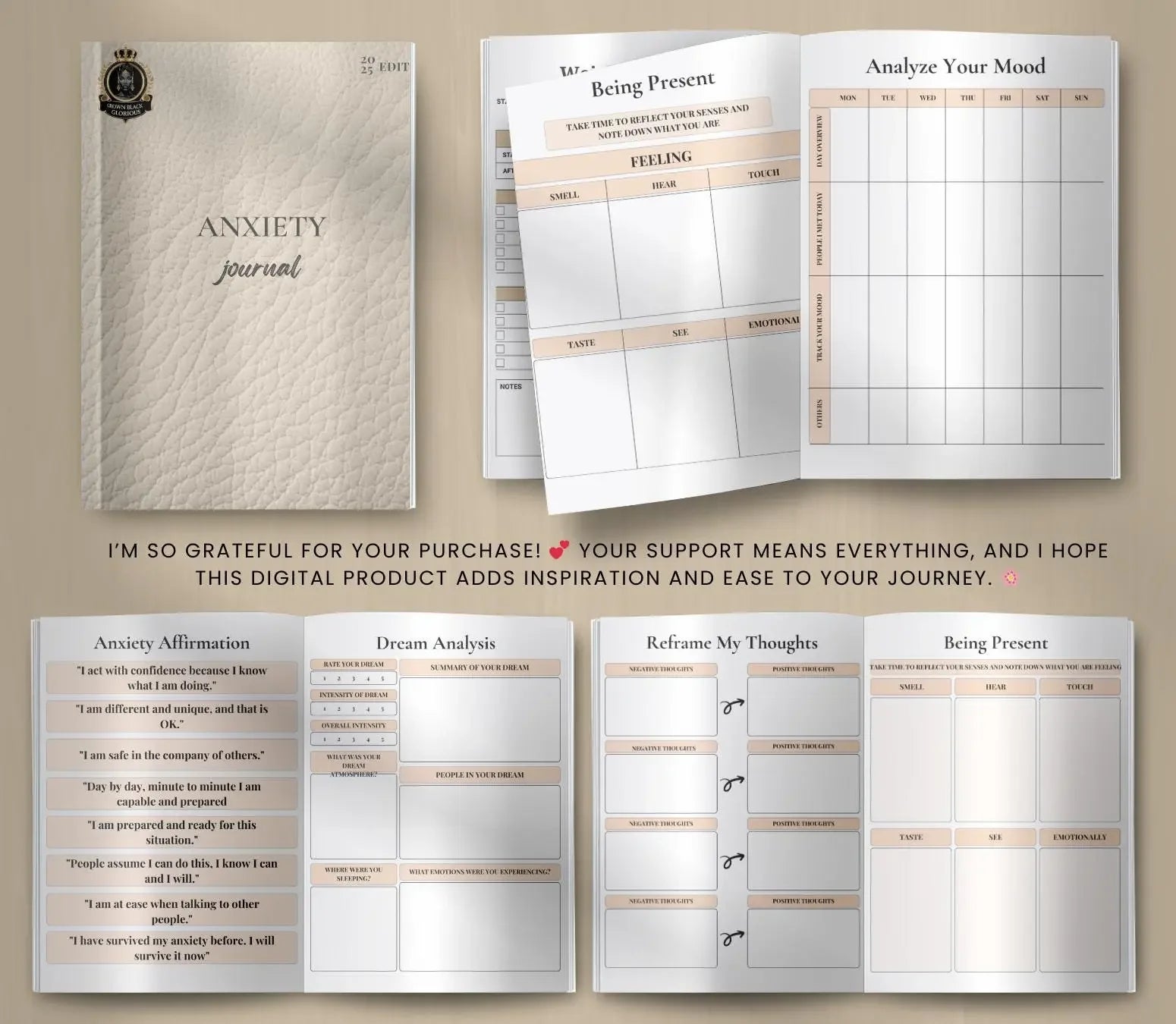 Black Women Anxiety Journal | Mental Health Tracker, Stress Relief Prompts, Nubian Queen Mindfulness , Printable & Digital Wellness Planner Ma boutique