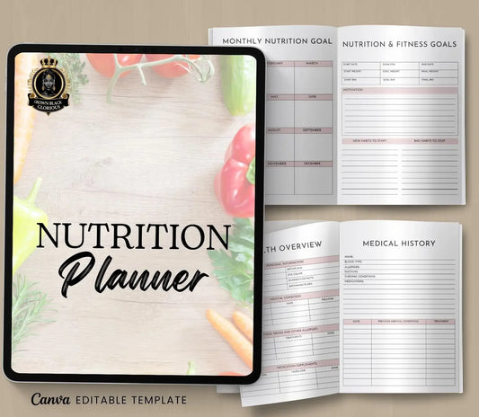 Nutrition Planner: Meal Prep, Food Journal, Calorie Tracker (PDF & Canva Template) Grown Black Glorious