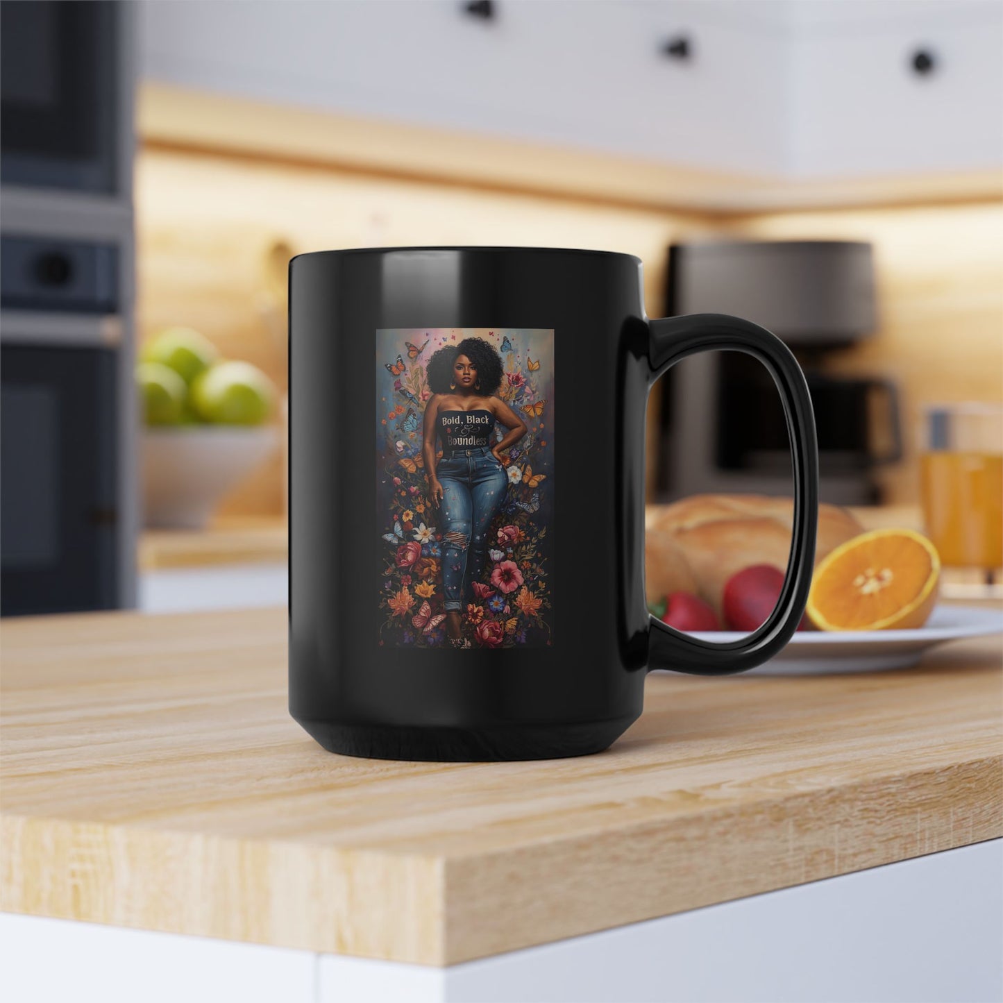 Black 15oz Ceramic Mug – Bold Black Woman Floral Art Coffee Cup