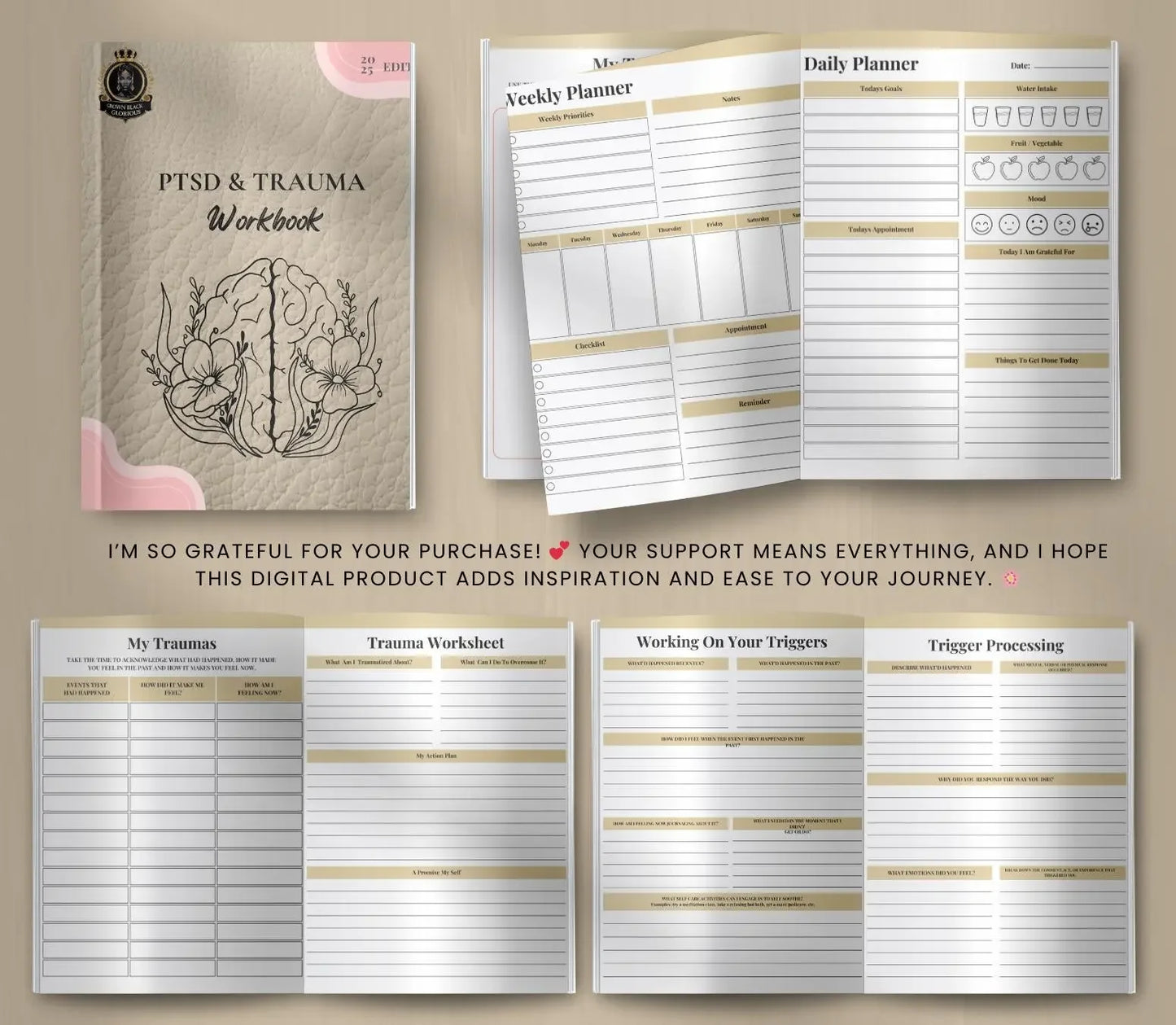 PTSD Trauma Healing Workbook: Coping Skills, Therapy Journal (Printable PDF & Canva) Grown Black Glorious