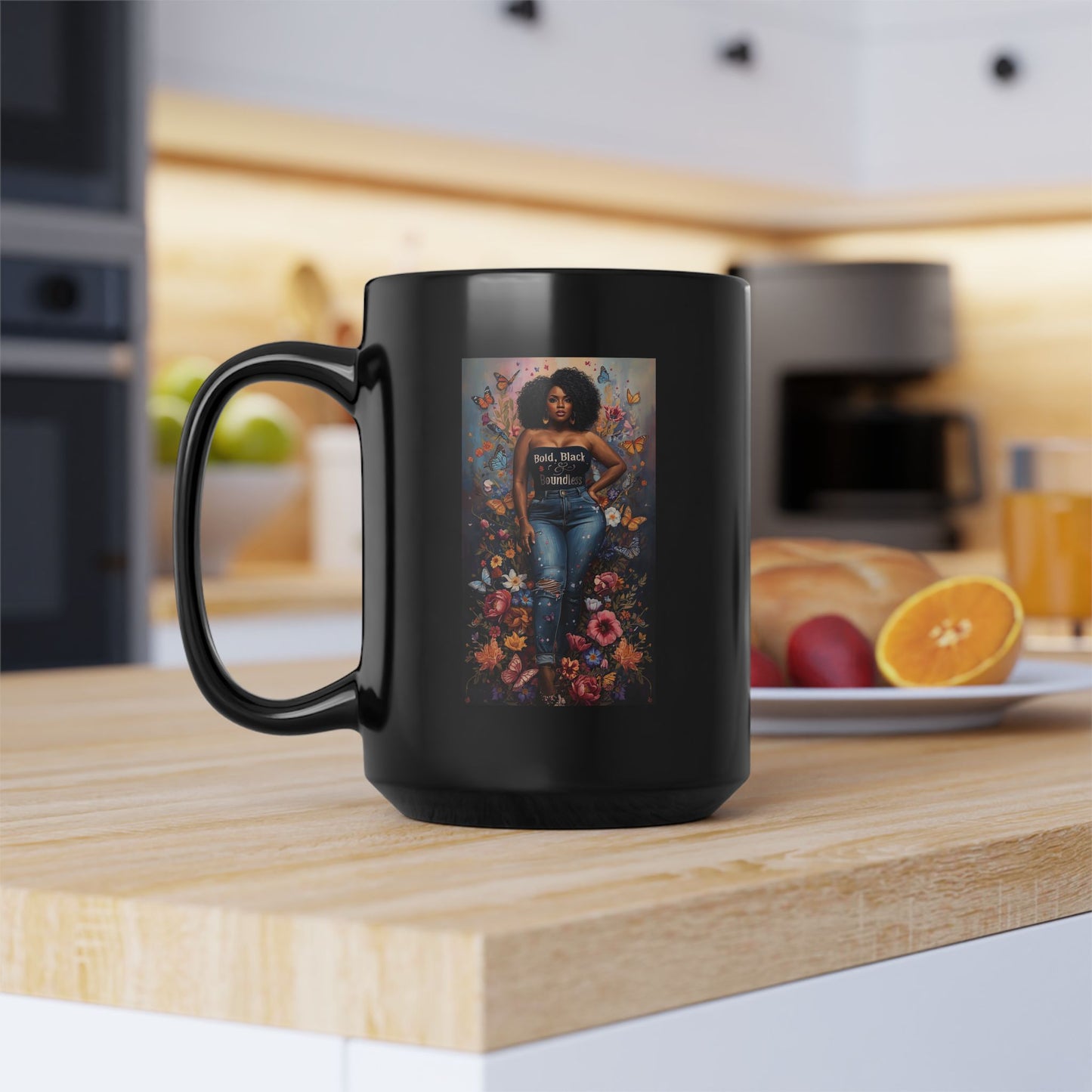 Black 15oz Ceramic Mug – Bold Black Woman Floral Art Coffee Cup