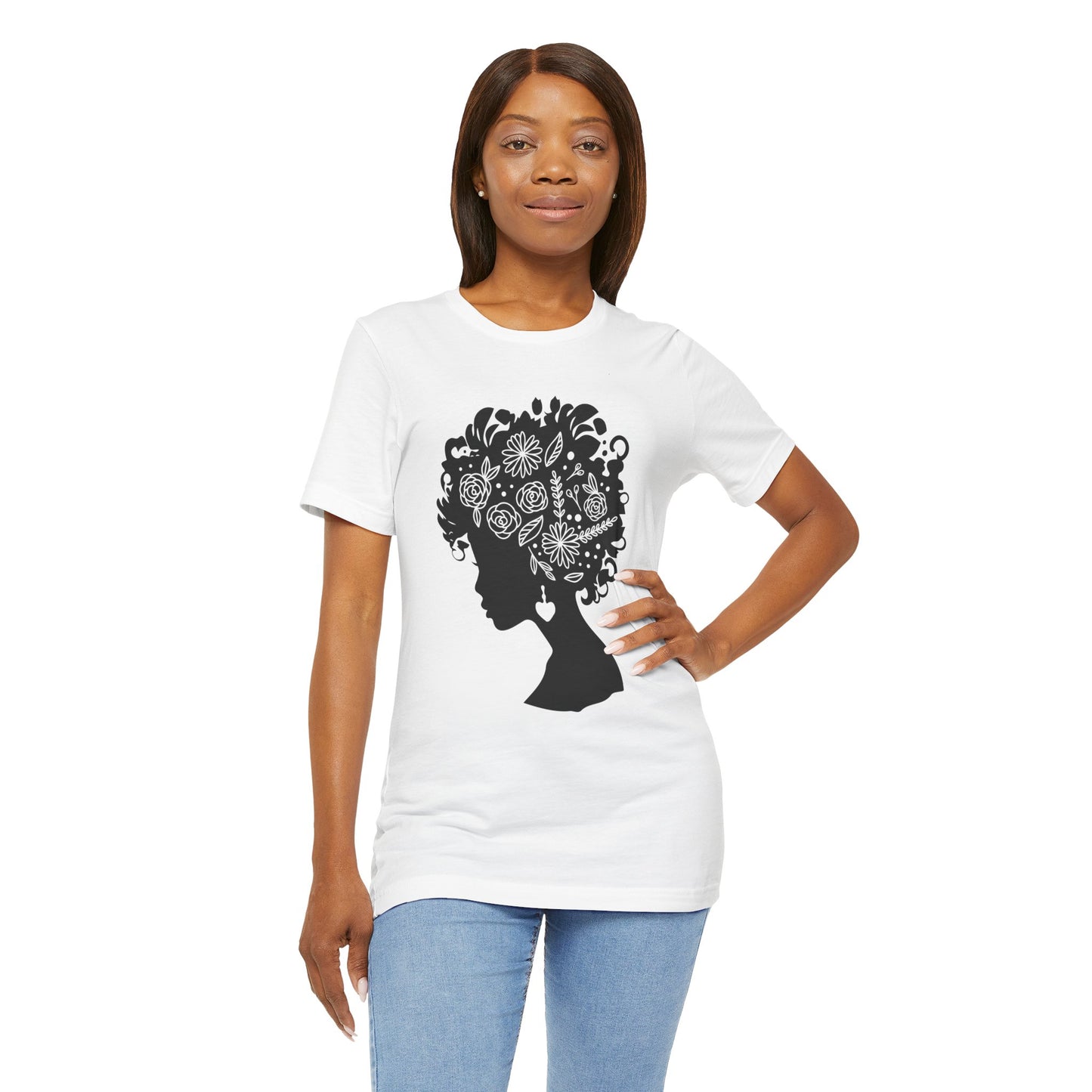 Black Woman Floral Silhouette T-Shirt – Lightweight Cotton Afrocentric Graphic Tee