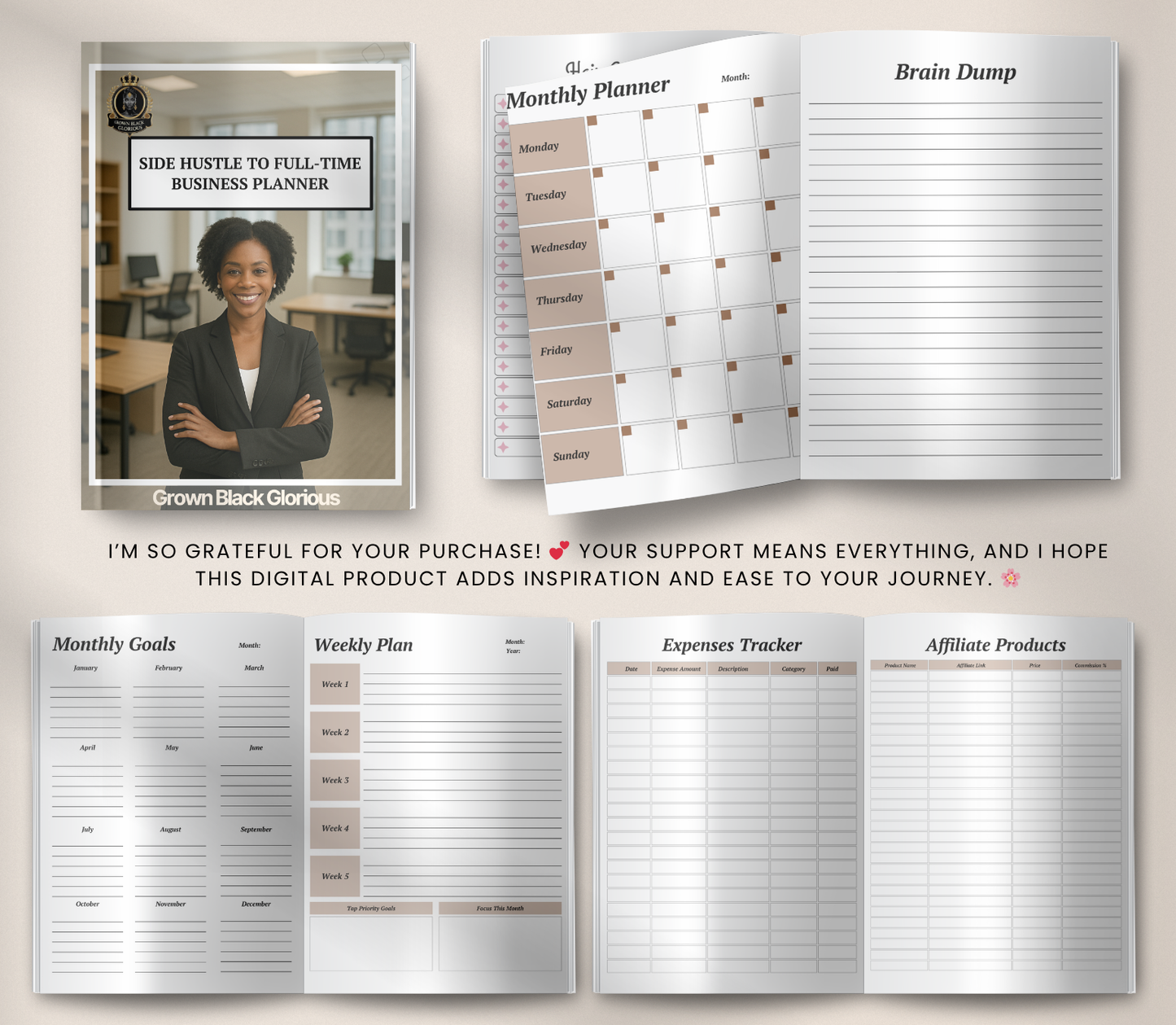 Side Hustle to Full-Time Business Planner | Editable Canva Entrepreneur Digital Planner - Grown Black Glorious