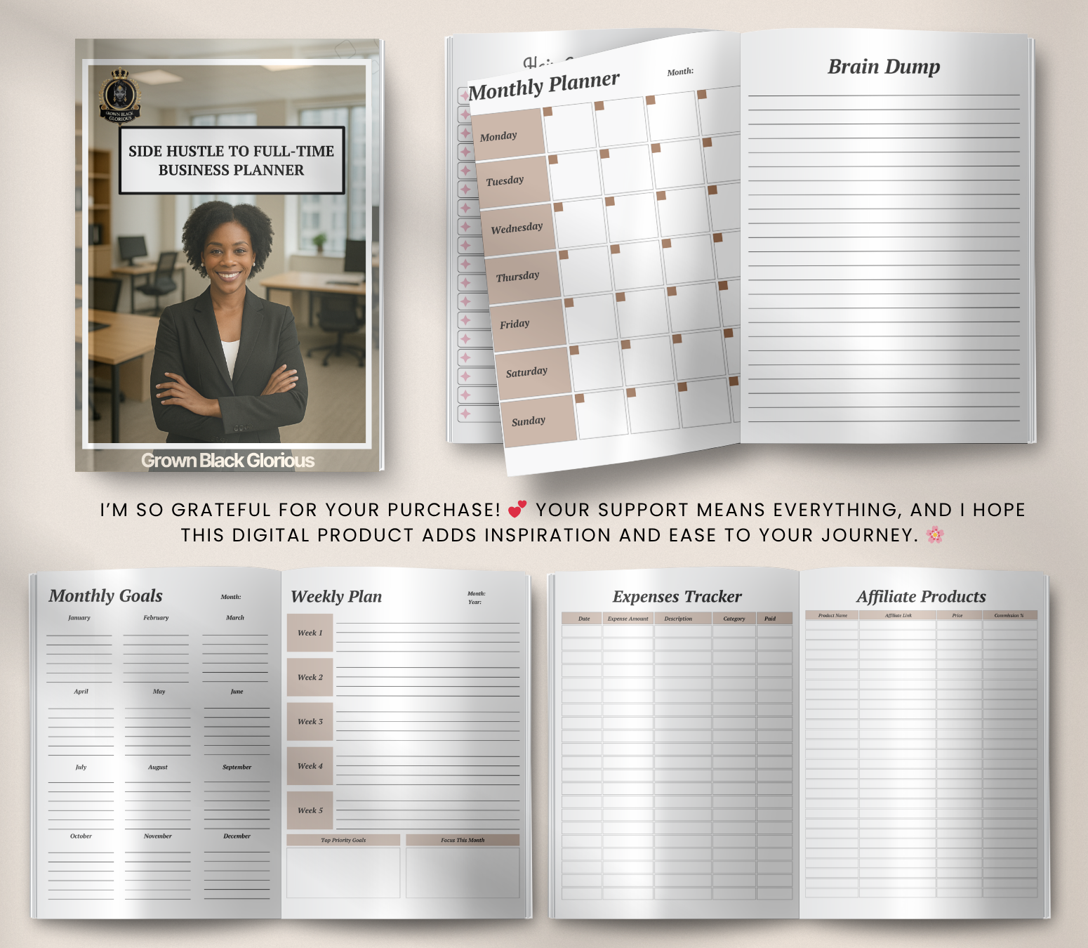 Side Hustle to Full-Time Business Planner | Editable Canva Entrepreneur Digital Planner - Grown Black Glorious