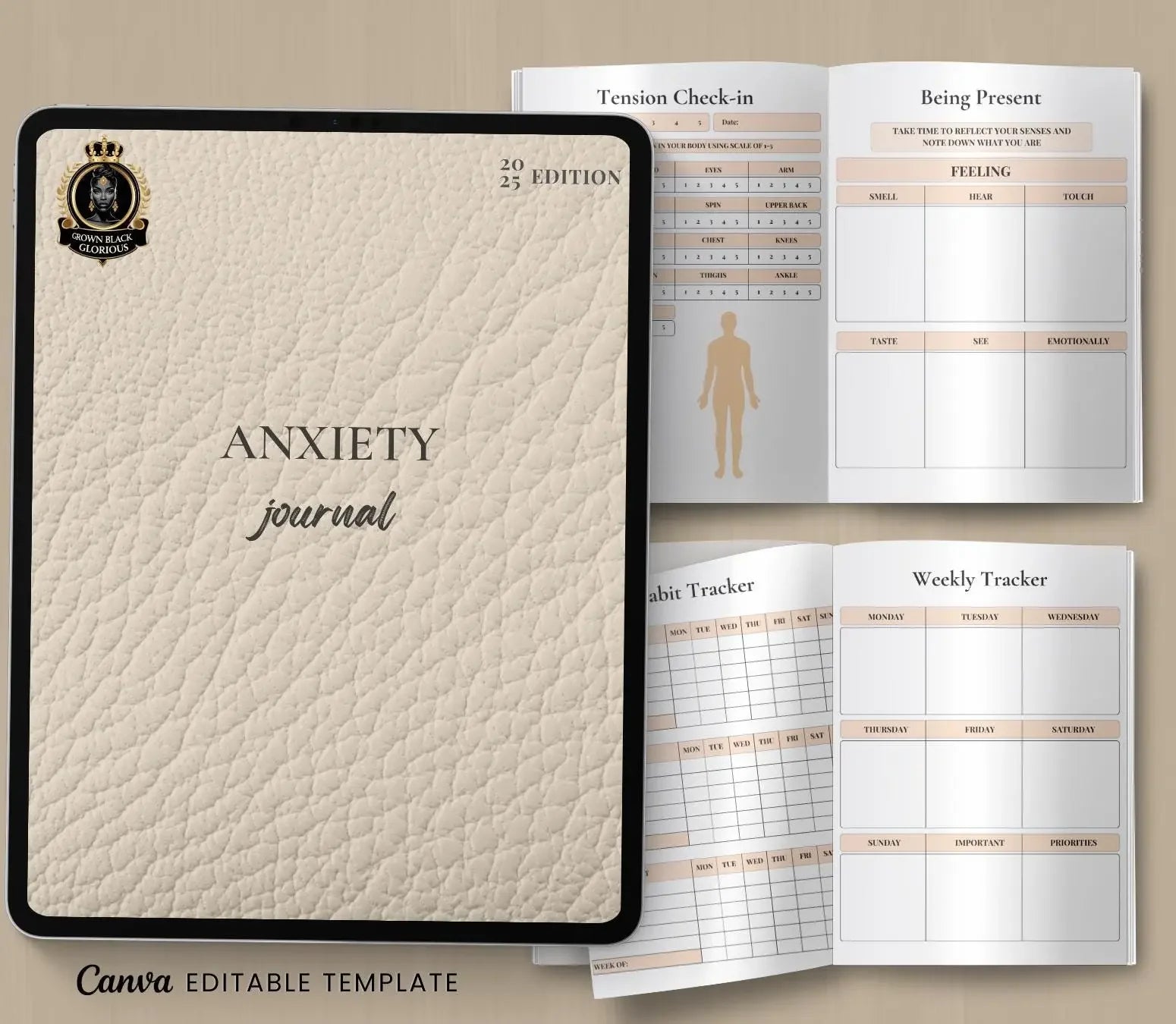 Black Women Anxiety Journal | Mental Health Tracker, Stress Relief Prompts, Nubian Queen Mindfulness , Printable & Digital Wellness Planner Ma boutique
