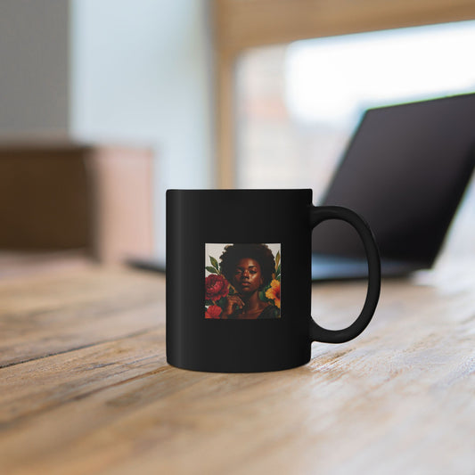 Glossy Black Floral Portrait Mug – Ceramic Coffee Cup (11oz & 15oz)