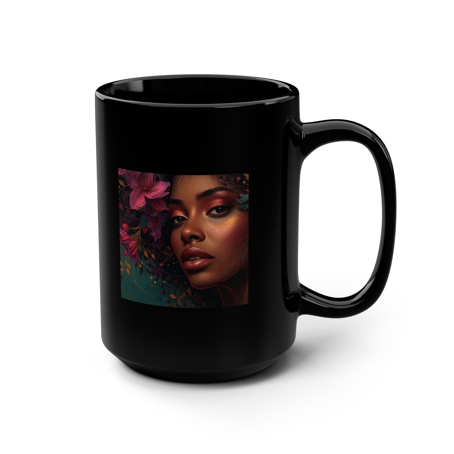15oz Black Mug - Floral Portrait Art Coffee Cup