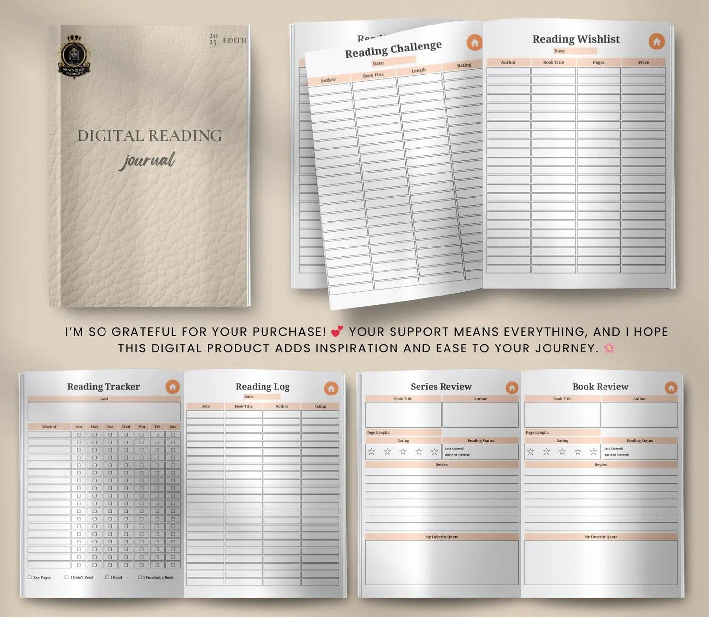 Digital Reading Journal: Book Tracker, Review Log (Printable PDF) Grown Black Glorious